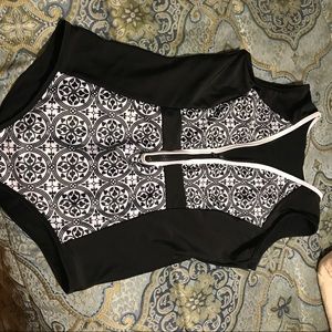 Black and White Front Zip One Piece Swimsuit